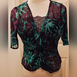 Y2K Teal & Magenta Tropical Sheer Mesh Blouse w Twist Front & Lace Detail.
